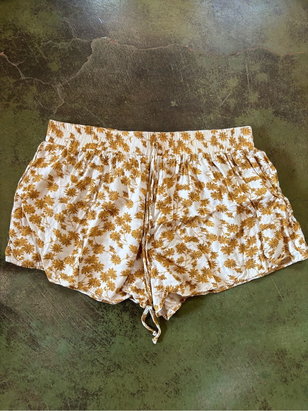 Lush White Drawstring Shorts with Mustard Floral Print